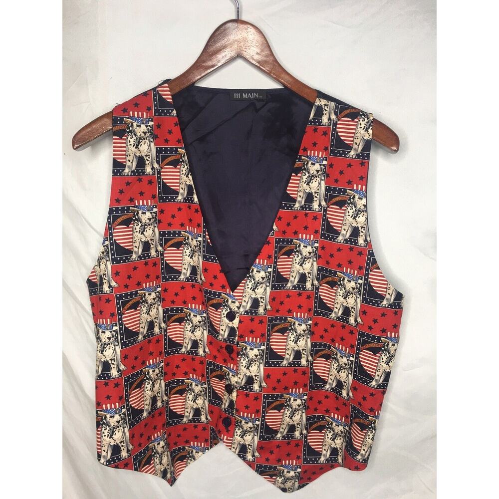 Patriotic Dalmatian Dog Print Vest US Flags Size 1X Stars Stripes 111 Main 1990s